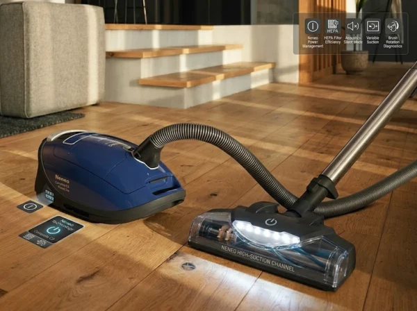 Miele Complete C3 Petrol Blue cleaning a wooden floor with LED