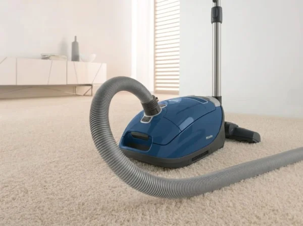 Miele Complete C3 Petrol Blue vacuum cleaner on a cream carpet