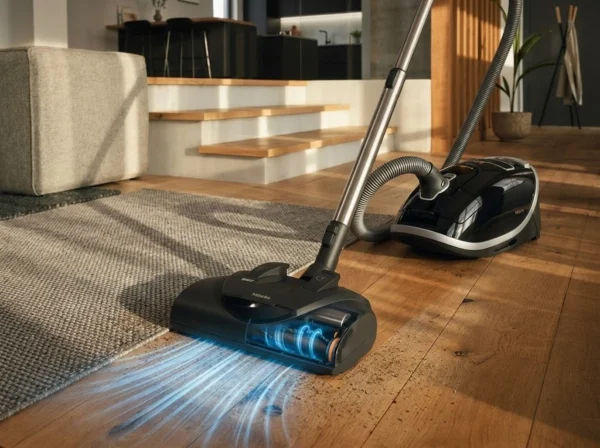 Miele Complete C3 vacuum cleaner on hardwood floor - Appliances Nest