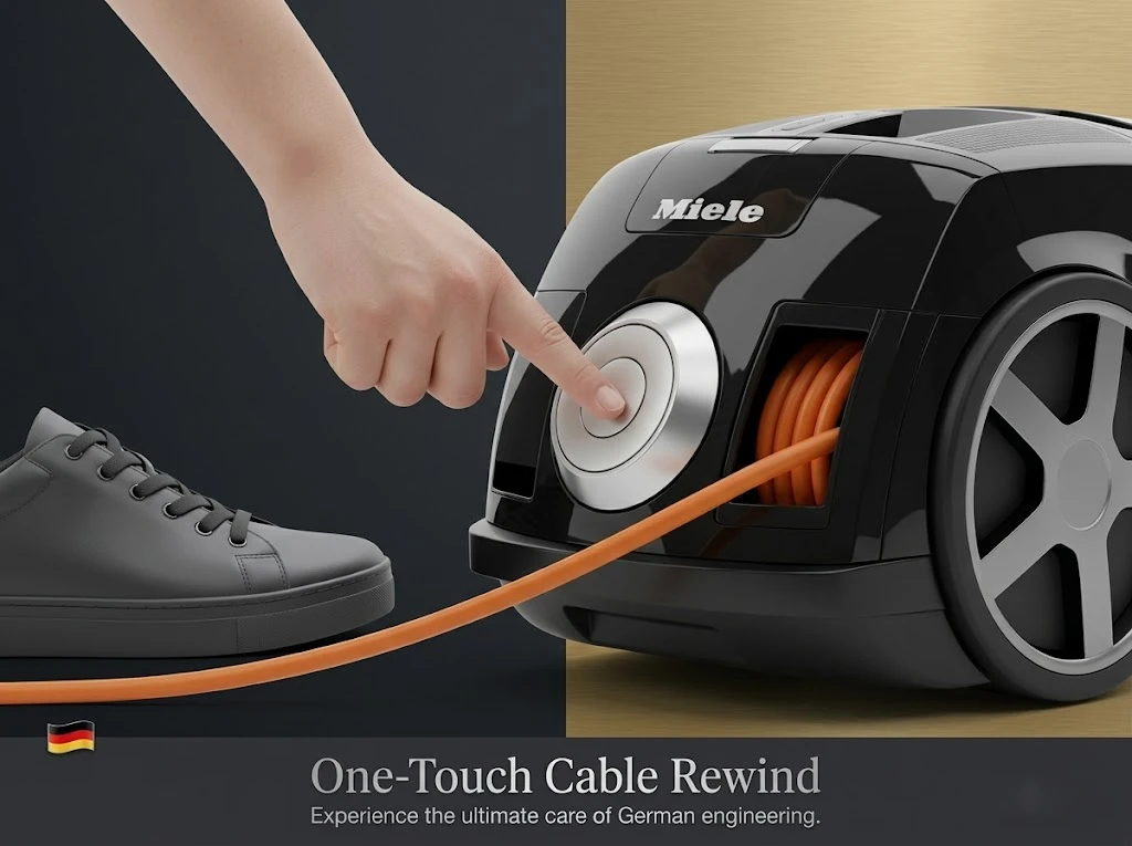 Miele Complete C3 Powerline Vacuum Features: One-Touch Cable Rewind, SF-HA 50 HEPA Filter, Electro Premium Floorhead, and GN Dust Bags