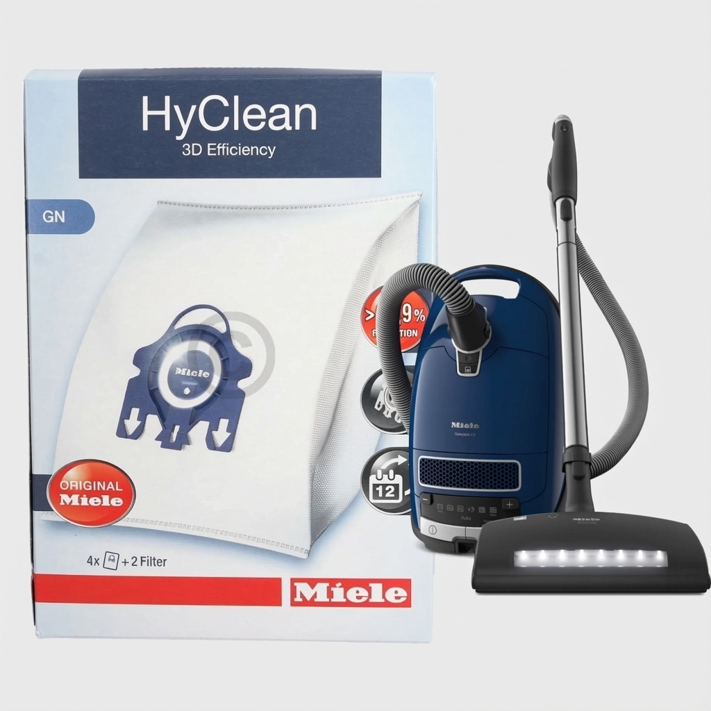 Original Miele blue vacuum cleaner with HyClean 3D Efficiency GN dust bags and filters for high-performance home cleaning.